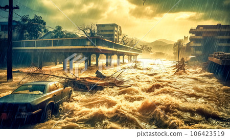 rain, floods in the city, houses and cars damaged by storms, natural disasters rain, floods in the city, houses and cars damaged by storms, natural disasters 106423519