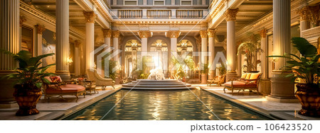 luxurious wellness with pool and sofas, baroque hall with columns, banner 106423520