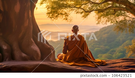 monk meditating under a tree at sunset 106423521