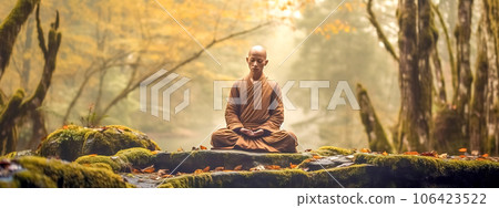 monk meditating on a stone in the forest, banner 106423522