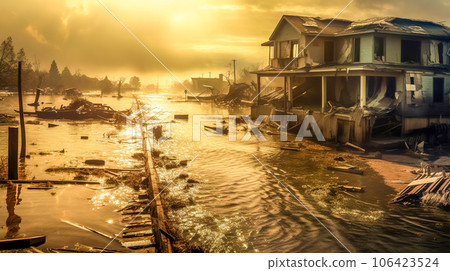 floods in the city, houses damaged by storms, natural disasters floods in the city, houses damaged by storms, natural disasters 106423524