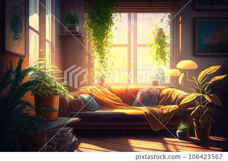 Aesthetic cozy interior of living room of house with large window 106423567