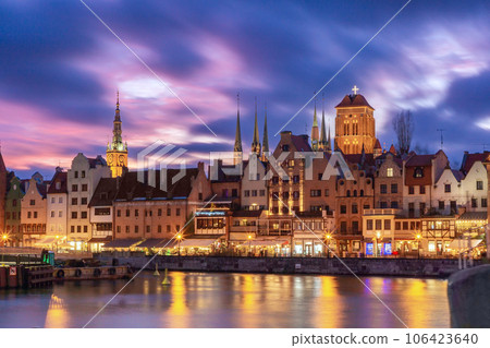 City embankment in night illumination at blue hour, Gdansk. Poland. 106423640