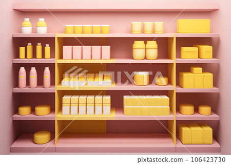 Pink cabinet with shelves and varios mockups of beauty products without labels. Generated by AI. 106423730