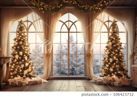 A huge rich living room with two decorated Christmas trees and gift boxes. Arched panoramic windows overlooking the snow-covered forest. Generated by AI. A huge rich living room with two decorated Christmas trees and gift boxes. Arched panoramic windows overlooking the snow-covered forest. Generated by AI. 106423732