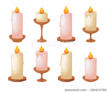 A set of festive burning candles on candlesticks, wooden stands. Set of light decorations for Christmas, birthday, anniversary. Vector 106423766