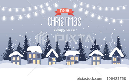 Christmas village landscape illustration with cute houses, fir trees and garlands with lights. Illustration with lettering in flat style. Vector 106423768
