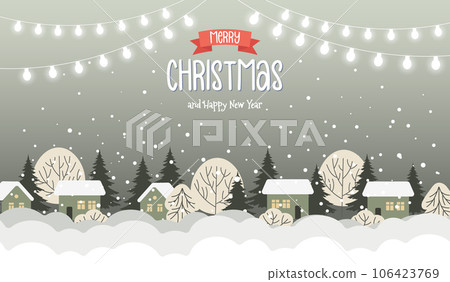 Christmas village landscape illustration with cute houses, fir trees and garlands with lights. Illustration with lettering in flat style. Vector 106423769