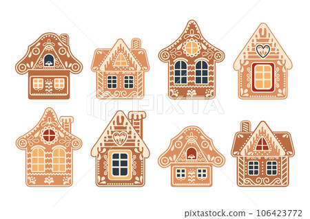 A set of cute gingerbread houses. Festive decor elements, traditional symbols illustration in flat cartoon style. Vector A set of cute gingerbread houses. Festive decor elements, traditional symbols illustration in flat cartoon style. Vector 106423772
