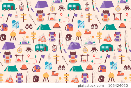 Seamless pattern with things for traveling to the mountains. Fishing and summer camping. Hike with backpacks, rest in the forest. print object stuff design wallpaper. background vector illustration. Seamless pattern with things for traveling to the mountains. Fishing and summer camping. Hike with backpacks, rest in the forest. print object stuff design wallpaper. background vector illustration. 106424020