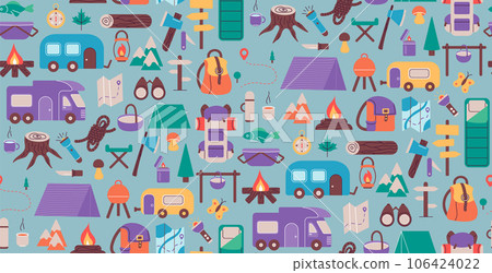 Seamless pattern with things for traveling to the mountains. Fishing and summer camping. Hike with backpacks, rest in the forest. print object stuff design wallpaper. background vector illustration. 106424022