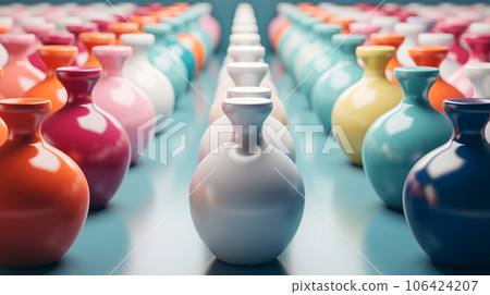 An arrangement of colorful shiny pottery 106424207