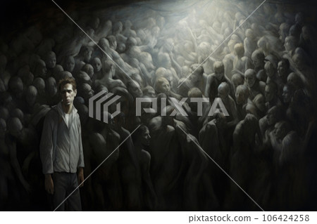 Silhouette standing out from suffering crowd. Generative AI 106424258