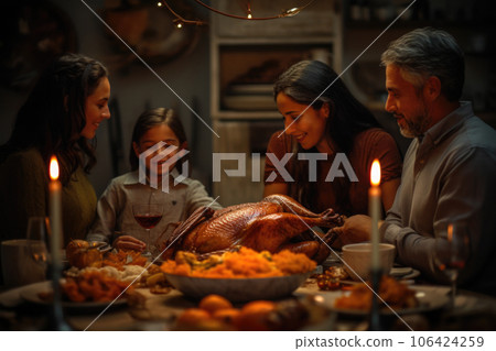 Family celebrating Thanksgiving, eating roasted turkey. Generative AI 106424259