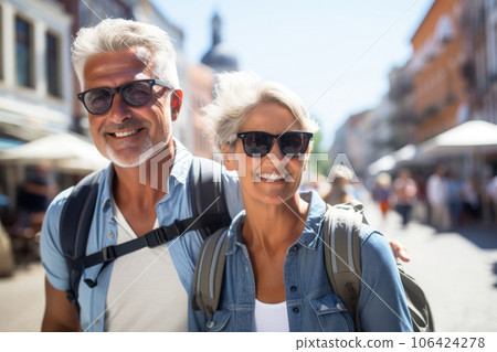 Senior couple travelling together, walking at city street. Generative AI 106424278