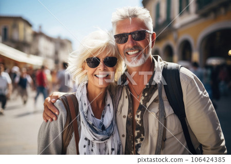 Senior couple travelling together, walking at city street. Generative AI Senior couple travelling together, walking at city street. Generative AI 106424385
