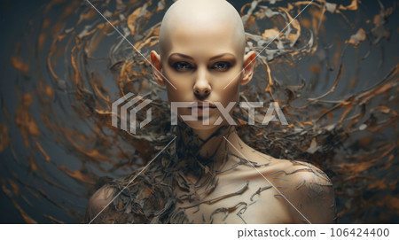 Portrait of bald woman with cancer illustration. Generative AI 106424400