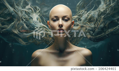 Portrait of bald woman with cancer illustration. Generative AI 106424401