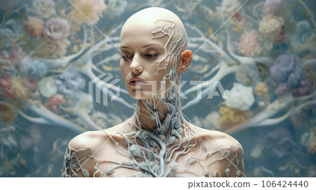 Portrait of bald woman with cancer illustration. Generative AI 106424440