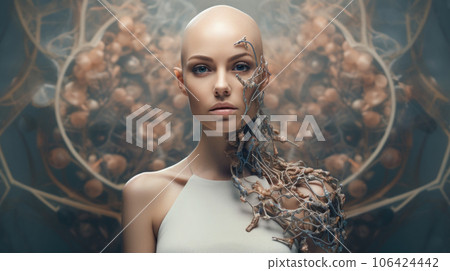 Portrait of bald woman with cancer illustration. Generative AI 106424442