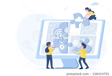 Business planning and brainstorming concept. Business people assemble puzzle jigsaw, marketing plan, evaluation, financial strategy. Flat vector design illustration with copy space. Business planning and brainstorming concept. Business people assemble puzzle jigsaw, marketing plan, evaluation, financial strategy. Flat vector design illustration with copy space. 106424791