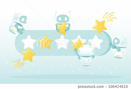 Artificial Intelligence (AI) technology and customer satisfaction concept. Give 5 star review, evaluation, feedback, respond, reply and comment. Flat vector design illustration. Artificial Intelligence (AI) technology and customer satisfaction concept. Give 5 star review, evaluation, feedback, respond, reply and comment. Flat vector design illustration. 106424810
