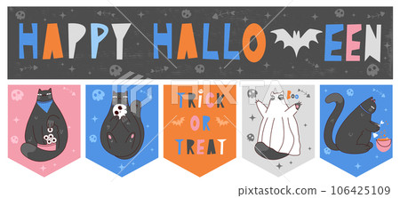 Halloween Vector Decoration set.Hand Drawn text Illustration with Black Cat and Happy Halloween Isolated. Handwritten Happy Halloween 106425109
