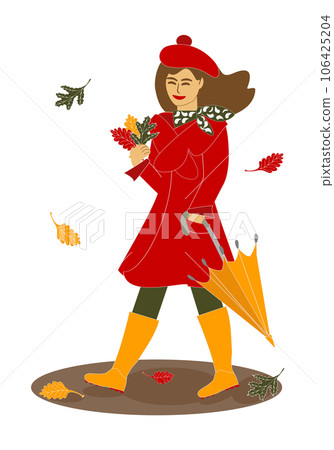 smiling woman with a bouquet of autumn leaves walks smiling woman with a bouquet of autumn leaves walks 106425204