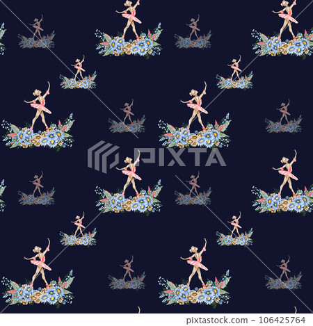 Seamless pattern with dancing ballerina. Watercolor handdrawn illustration with spring flowers, butterflies and fairy ballerina. Applicable for textiles, decor. Can be used as a background. 106425764