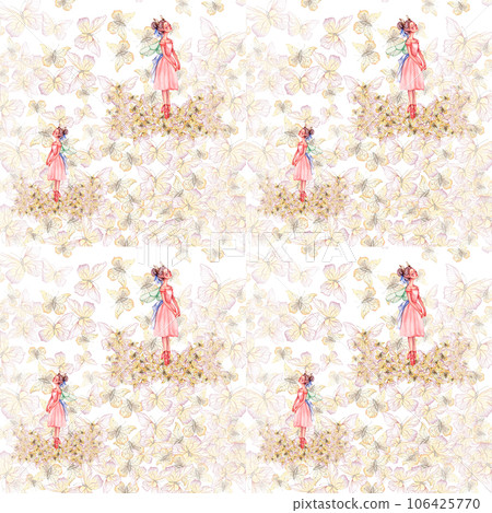 Seamless pattern with dancing ballerina. Watercolor handdrawn illustration with spring flowers, butterflies and fairy ballerina. Applicable for textiles, decor. Can be used as a background. Seamless pattern with dancing ballerina. Watercolor handdrawn illustration with spring flowers, butterflies and fairy ballerina. Applicable for textiles, decor. Can be used as a background. 106425770
