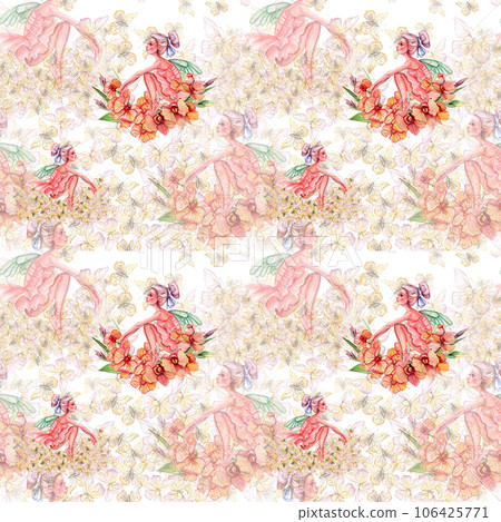 Seamless pattern with dancing ballerina. Watercolor handdrawn illustration with spring flowers, butterflies and fairy ballerina. Applicable for textiles, decor. Can be used as a background. 106425771