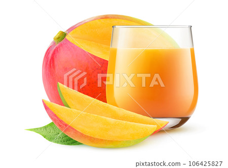 Glass of mango juice and sliced red mango fruit isolated on white background Glass of mango juice and sliced red mango fruit isolated on white background 106425827