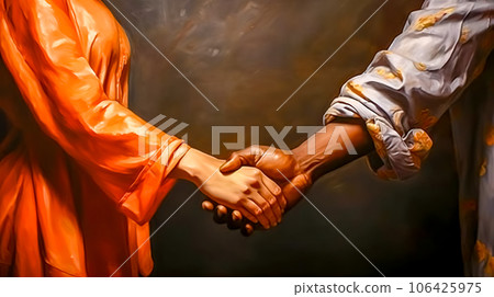 man and woman shaking hands, a handshake as a greeting or to conclude an agreement man and woman shaking hands, a handshake as a greeting or to conclude an agreement 106425975