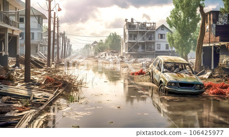 floods in the city, houses and cars damaged by storms, natural disasters floods in the city, houses and cars damaged by storms, natural disasters 106425977
