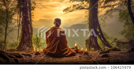 monk relaxing by candles on a rock in nature, banner 106425979