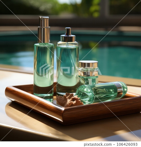 set of cosmetic products with seaweed extracts on the background of the pool set of cosmetic products with seaweed extracts on the background of the pool 106426093