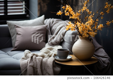 Cozy fall interior monochrome living room. Indoors. Cozy fall interior monochrome living room. Indoors. 106426146