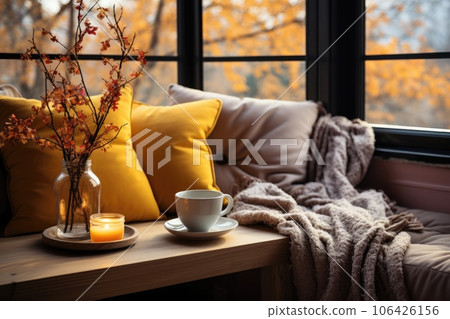 Cozy fall modern interior monochrome living room. Indoors. 106426156