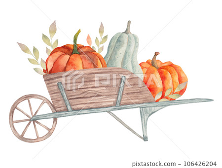 Wooden cart with pumpkins and leaves.Autumn composition.Decoration of seasonal holidays and Thanksgiving. Harvest concept.Watercolor illustration.Hand drawn isolated art Wooden cart with pumpkins and leaves.Autumn composition.Decoration of seasonal holidays and Thanksgiving. Harvest concept.Watercolor illustration.Hand drawn isolated art 106426204