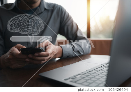 Close-up of businessman's hand using smartphone for search engine optimization SEO tools. B2B marketing and business technology concept. 106426494