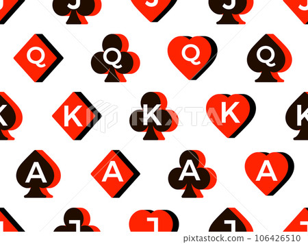 Seamless pattern with card suits: diamonds, hearts, clubs, spades in 3d style. Isometric 3d card suit symbols on white background. Design of printing, advertising and banners. Vector illustration 106426510