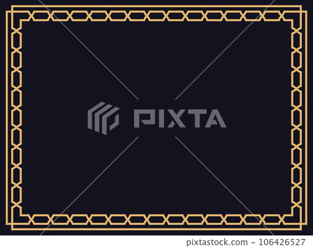 Art deco frame. Vintage linear border in gold color on a black background. Design a template for invitations, leaflets and greeting cards. The style of the 1920s - 1930s. Vector illustration Art deco frame. Vintage linear border in gold color on a black background. Design a template for invitations, leaflets and greeting cards. The style of the 1920s - 1930s. Vector illustration 106426527