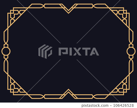 Art deco frame. Vintage linear border in gold color on a black background. Design a template for invitations, leaflets and greeting cards. The style of the 1920s - 1930s. Vector illustration Art deco frame. Vintage linear border in gold color on a black background. Design a template for invitations, leaflets and greeting cards. The style of the 1920s - 1930s. Vector illustration 106426528