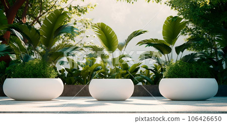 minimalist garden with several plants located in white pots. Generative AI 106426650