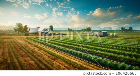 sprawling agricultural farm with fields of crops, tractors, and machinery involved in food production for a growing population.Generative AI 106426663