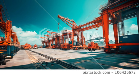 Industrial cranes lifting and moving heavy materials in a dockyard. Generative Ai 106426672
