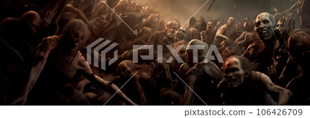 Apocalypse fantasy scene hroup of zombie walking. Halloween concept Generative AI 106426709