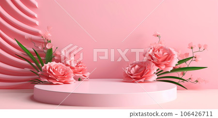 podium display, pastel pink background with rose flowers. Valentine, feminine copy space template Generative AI 106426711