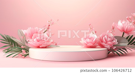 podium display, pastel pink background with rose flowers. Valentine, feminine copy space template Generative AI 106426712