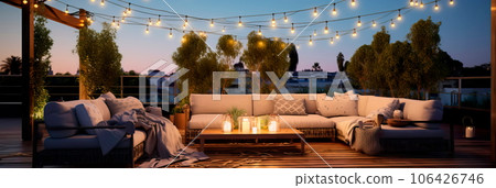 contemporary outdoor seating arrangement featuring modular sofas, a stylish area rug, and hanging string lights Generative AI 106426746